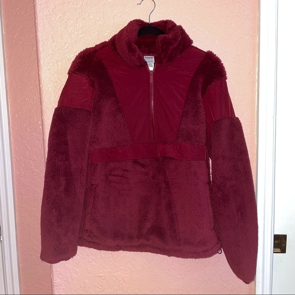 PINK Half Zip Teddy Sherpa Nylon Burgundy Jacket - Picture 4 of 7